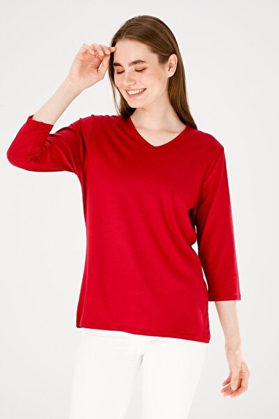 Desen Triko Women's V-Neck Three Quarter Sleeve Basic Combed Cotton Blouse Red