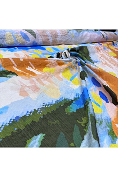 Yaren Ülker İpek Şifon Kumaş Bambu Çift En Lacivert Batik Desenli