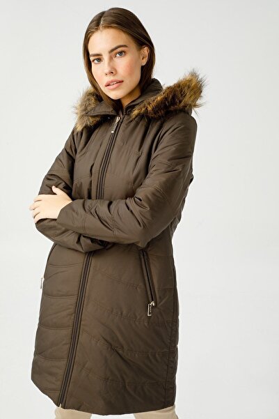 Desen Triko Kadın Kapitone Çift Dikişli Uzun Kaban 1-5 Bakır