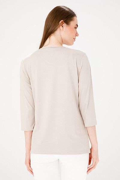 Desen Triko Women's Beige V-Neck Three Quarter Sleeve Basic Combed Cotton Blouse