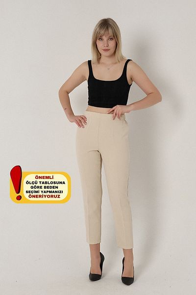 Mogi Butik 3001 Cream Carrot Leg High Waist Woven Women's Trousers