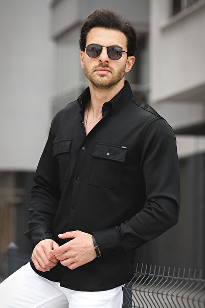 Oksit Yx 16703 Double Pocket Covered Snap Fastener Lycra Scuba Fabric Men's Shirt