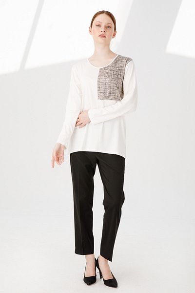 Desen Triko Women's Crew Neck Long Sleeve Fabric Combed Blouse Bone