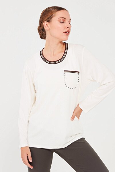 Desen Triko Kadın Yakası Simli Bluz Kemik