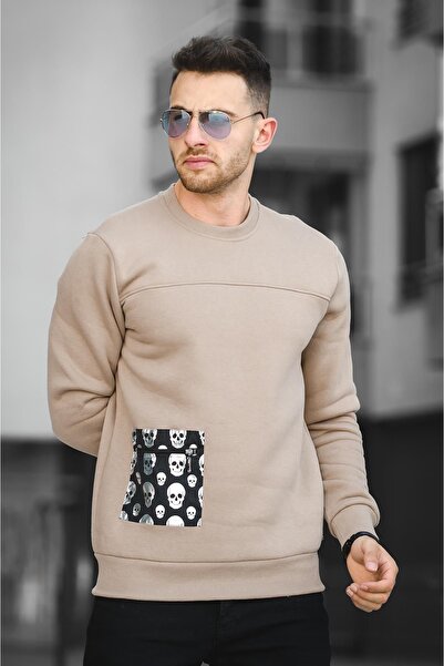 Oksit Trc 2173 Three Thread Raised Skull Printed Men's Sweatshirt with Pocket Detail