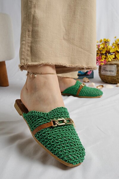 Oksit Irene Gold Buckle Λεπτομερείς γυναικείες πλεκτές παντόφλες για το σπίτι και το εξωτερικό