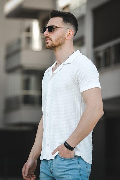 Oksit Cămașă pentru bărbați Ares cu mânecă scurtă, cu guler deschis, slim fit, cu lycra