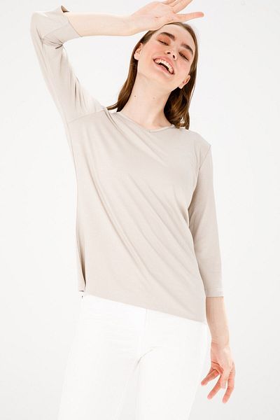 Desen Triko Women's Beige V-Neck Three Quarter Sleeve Basic Combed Cotton Blouse