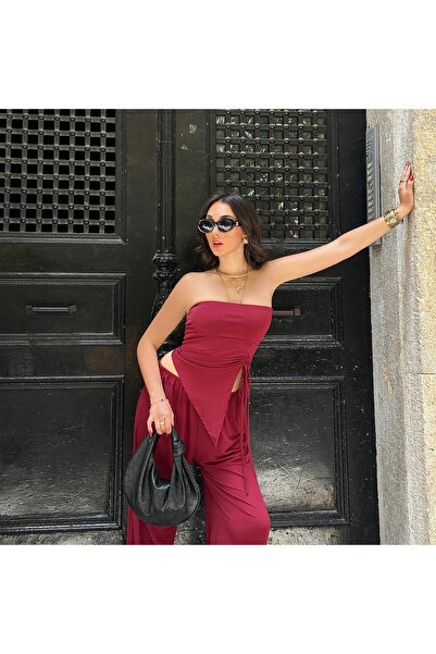 Sobce Burgundy Strapless Blouse and Loose Trousers Set - Relaxed Fit