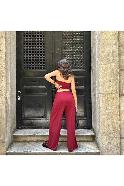 Sobce Burgundy Strapless Blouse and Loose Trousers Set - Relaxed Fit
