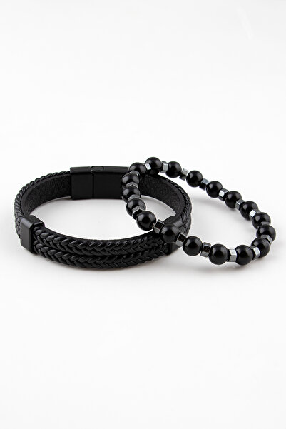 Sortie Aksesuar Hakiki Deri Ve Doğal Taş Erkek Kombin Bileklik Seti 076