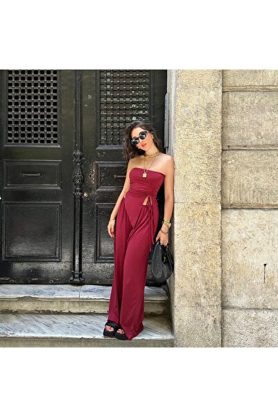 Sobce Burgundy Strapless Blouse and Loose Trousers Set - Relaxed Fit