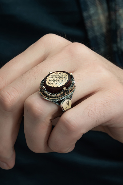 ALYANSEVİM Kırmızı Sıkma Kehribar Taşlı 925 Gümüş Erkek Yüzük