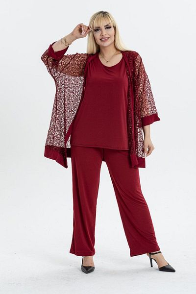 vividbutik Plus Size Lace 3 Piece Set - Cardigan, Inner Blouse and Pants