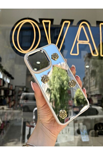 OVADA İphone 15 Pro Max Uyumlu Kamera Koruma Çerçeveli Aynalı Gold Çiçek Deta...