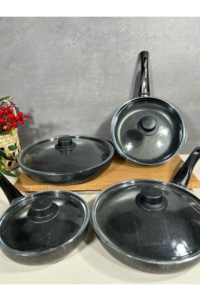 BENA LİFE جرانيت أسود - طقم مقالي مكون من 4 قطع بغطاء زجاجي