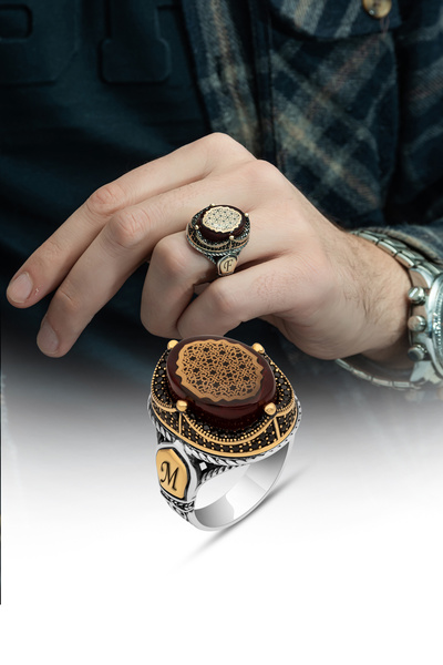 ALYANSEVİM Kırmızı Sıkma Kehribar Taşlı 925 Gümüş Erkek Yüzük