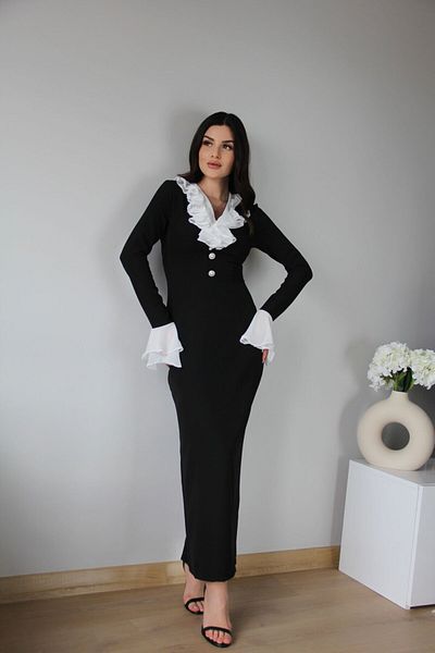 Julidress Μαύρο και άσπρο βολάν με λαιμόκοψη με μαργαριταρένιο κουμπί με λεπτομέρεια μακρυμάνικο premium φόρεμα