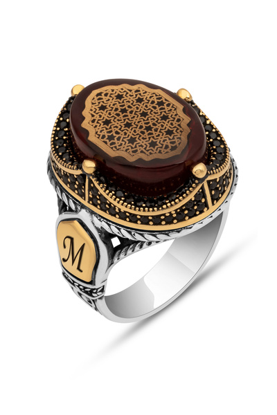 ALYANSEVİM Kırmızı Sıkma Kehribar Taşlı 925 Gümüş Erkek Yüzük