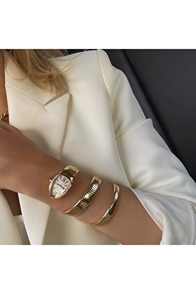 LOOKUP NEW ساعة يد كلاسيكية بنمط الأفعى للجنسين للنساء والرجال - فولاذ ملفوف، لون ذهبي، الموسم الجديد