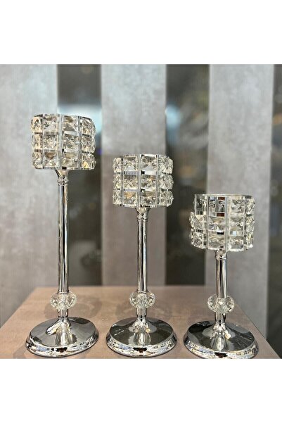 decovien 3lü Gümüş Taşlı Şamdan