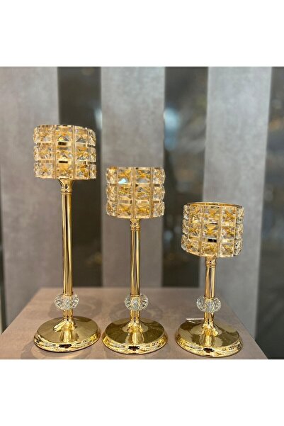 Genel Markalar Metal Kristal Taşlı 3 Lü Lüx Şamdan Gold