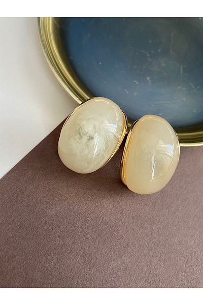 Pinery Jewels Pair of Acrylic Large Size Oval Stone Brass Plated Earrings
