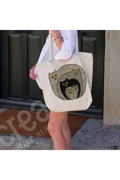 Crea Eymer Wear Βαμβακερή γραμμική τσάντα παραλίας - Σχέδιο με μοτίβο για γάτες
