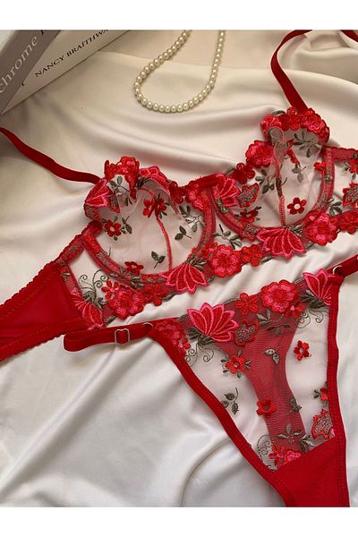 ROZENİN LINGERIE New Year's Special Red Floral Underwire Cupless Brode Bra Set (Bra-Tanga)
