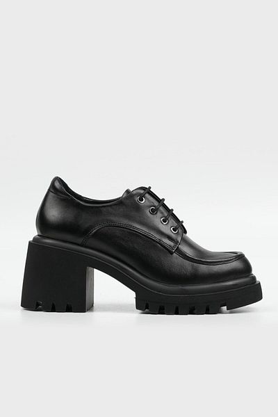 TUNAELLİ PANTOFI OXFORD CU TOC CU ȘANȚURI, NEGRE, PIELE VERITĂ