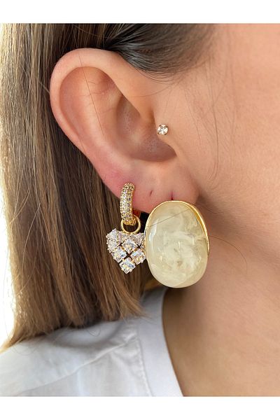 Pinery Jewels Pair of Acrylic Large Size Oval Stone Brass Plated Earrings