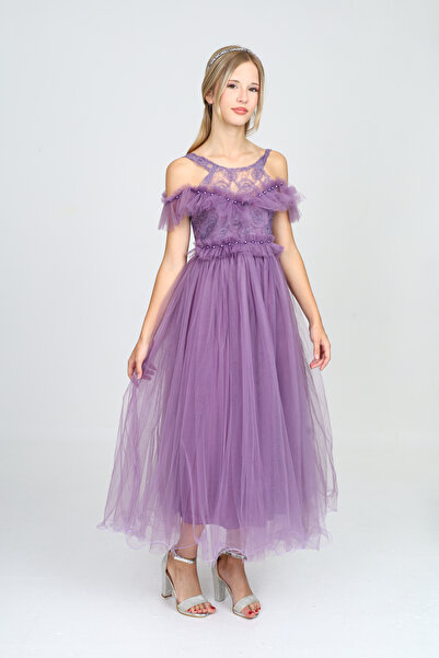 Asortix Kız Çocuk Tül Kumaş Işlemeli Astarlı Kolsuz Uzun Gece Parti Mezuniyet Zarif Abiye Elbise