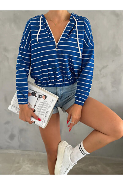 Genel Markalar Kadın Kapüşonlu Yarım Fermuar İnce Çizgili Sweatshirt