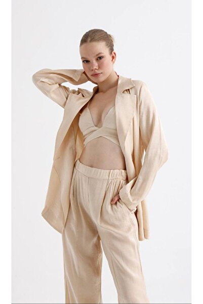 MOCCHI Kuşaklı Ceket Crop Pantolon Saten 3'lü Takım