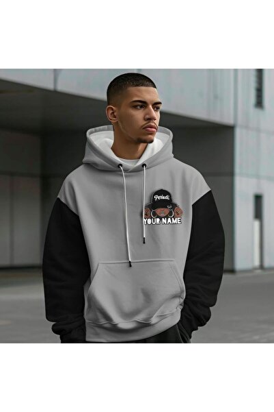 VESTIR BIEN Hanorac gri cu imprimeu „Numele Tău” - Bumbac și poliester cu 3 f...