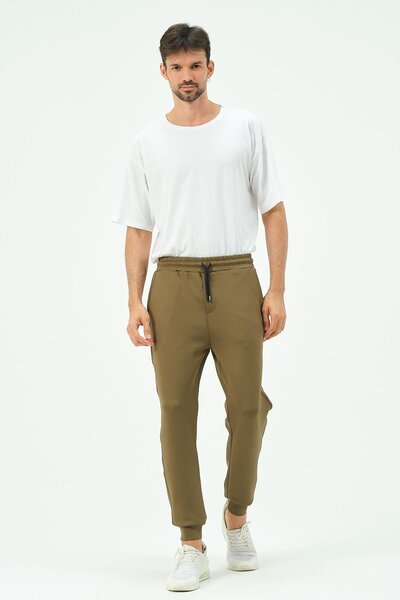 C&City Men's Cuffed Leg Sweatpants with Side Pockets 851 Khaki