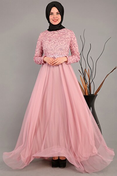 moda periy kadn Sim Detaylı Beli Güpürlü tesettür Abiye