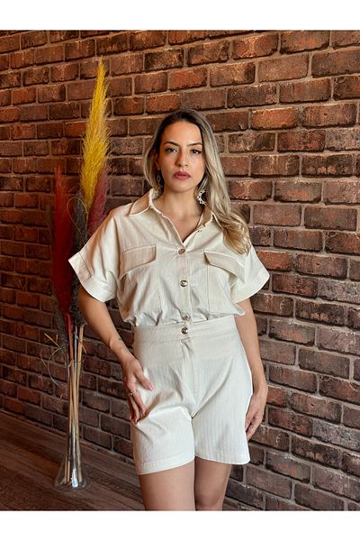 Bisou Linen Double Set - Natural Stone Color, Pocketed Shirt and Shorts