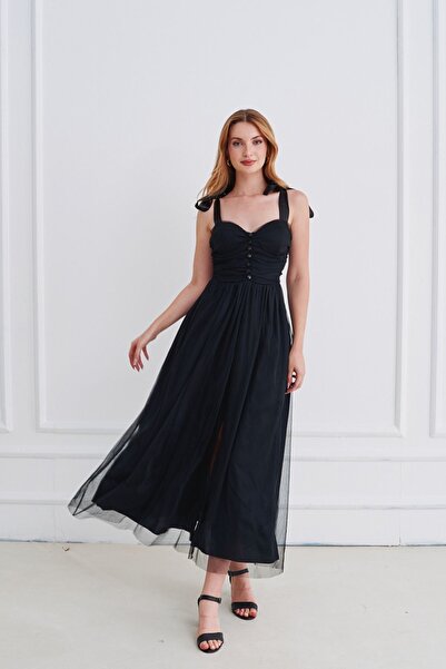 Rabia Çelik Kadın Siyah Omuzları Bağlamalı Sırt Dekolteli Yazlık Midi Abiye E...