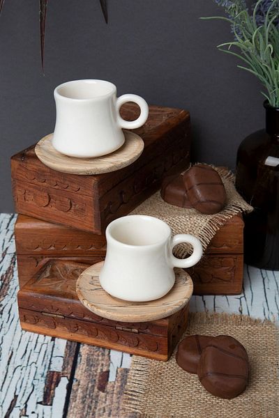 DDATELİER 6-Person Coffee Set with Wooden Plate Bamboo Cup Set Ceramic Cup Turkish Coffee Cup Set