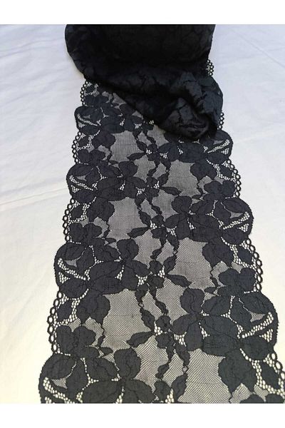 ÖZPAŞ TEKSTİL VE AKSESUAR Black Symmetrical Lace Floral Lycra 23cm X 2m