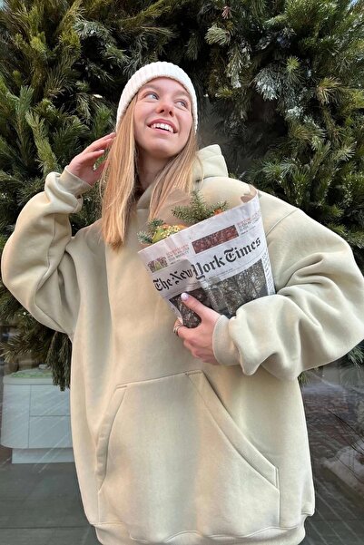 NİCE Μπεζ oversized με κουκούλα Φούτερ