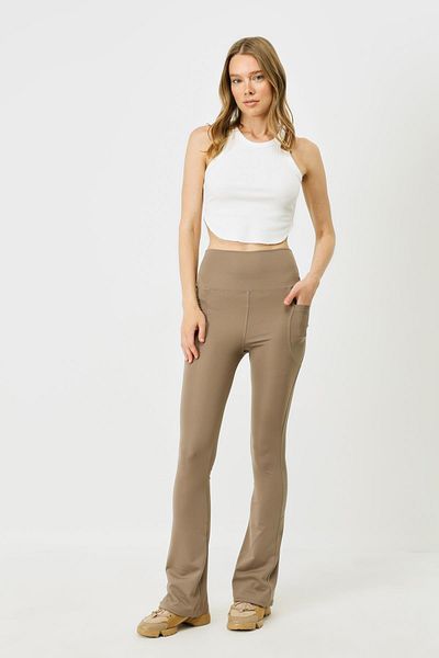 C&City Sport-Leggings 9405 mit hoher Taille und Tasche, langes spanisches Bein – Braun