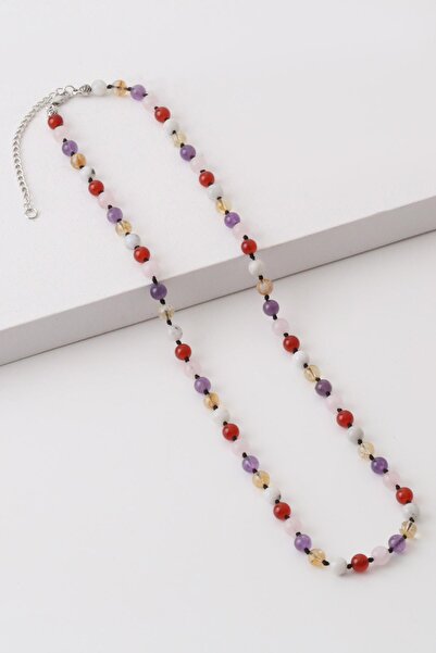 Dünya Doğal Taş Akik, Ametist, Ay Taşı, Pembe Kuvars ve Sitrin Taşı Kolyesi