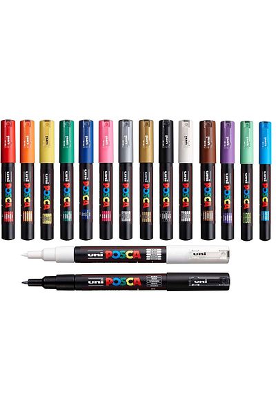 UNİ-BALL Posca Pc-1m 14-color White and Black Pen Set - Total 16