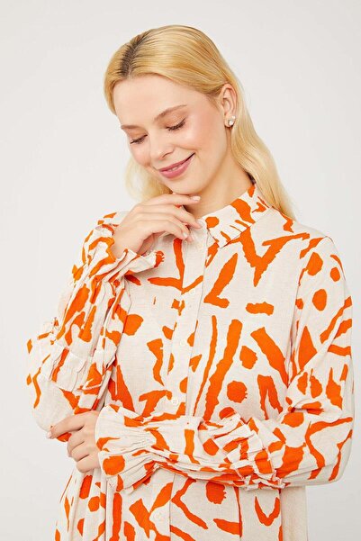 Levidor Oranj Fırfır Detaylı Gömlek Elbise