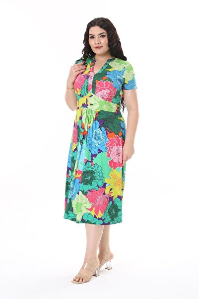 Şans Plus Size V-NecK Colored Short Sleeve WomeN's Dress - 65N38160