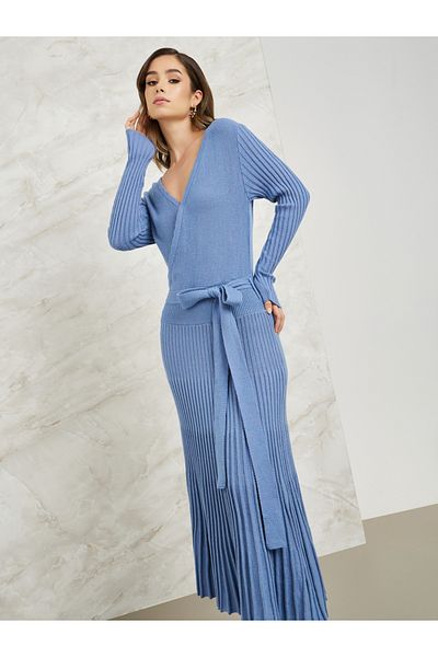Styli Pleated Hem Knit Sweater Midi Dress with Tie Waist