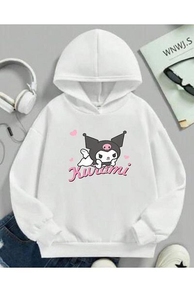 MORNİNG KİDS Hanorac alb pentru fetiță cu glugă cu imprimeu Kuromi