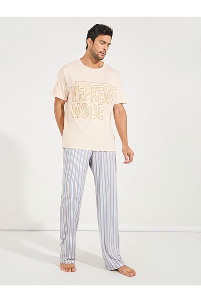 Styli Slogan Print T-Shirt & Striped Pyjama Set